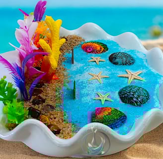 Handcrafted soy wax candle in a white shell with vibrant coral, starfish, and sea decor for home
