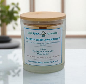 A Shen Aura Candles 'Aroma-Nectar-Therapy' candle with a wooden lid, featuring a white label with te