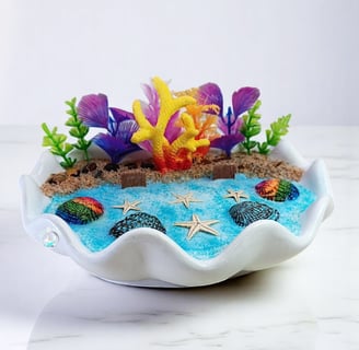 Handcrafted soy wax candle in a white shell with vibrant coral, starfish, and sea spaces decor 