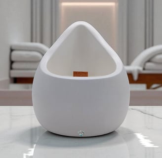 Image shows a candles with a wooden wick in a white container with form of a drop. 