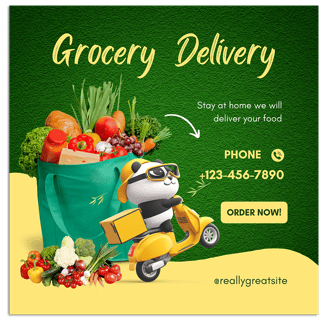 a panda bear is sitting on a green background with a grocery bagel bag