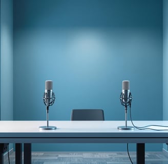 two podcast micrphones in front of a blue wall on  table with a chair between them