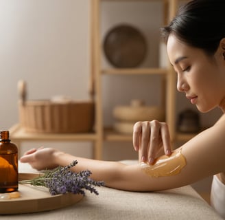 Người phụ nữ Việt đang dùng dầu massage toàn thân trong không gian spa ấm áp, gợi cảm giác thư giãn.