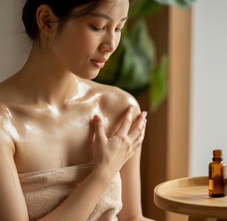 Người phụ nữ Việt Nam sử dụng dầu massage phù hợp với từng loại da trong không gian spa ấm áp