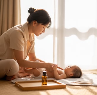 Mẹ Việt massage nhẹ nhàng cho trẻ sơ sinh trong ánh nắng sớm, thể hiện lợi ích massage cho bé