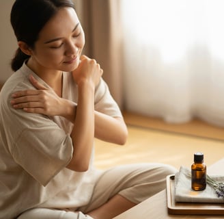 Người phụ nữ Việt massage vai thư giãn tại nhà với chai tinh dầu nhỏ, ánh sáng ấm áp