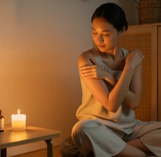 Người phụ nữ thư giãn tại nhà với dầu massage trong không gian ấm cúng