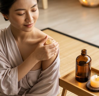 Người phụ nữ massage thư giãn cùng tinh dầu long não trong không gian spa ấm áp