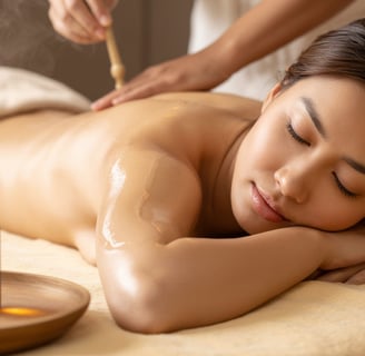 Người phụ nữ thư giãn với tinh dầu massage trong không gian spa ấm áp, gợi cảm giác chữa lành.