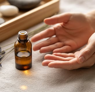 Chai tinh dầu massage nhỏ bên tay người thư giãn trong không gian spa nhẹ nhàng