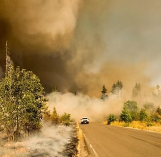 Truck driving out of wildfire smoke