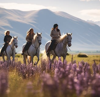 three female riders riding through a field of wildflowers in New Zealand