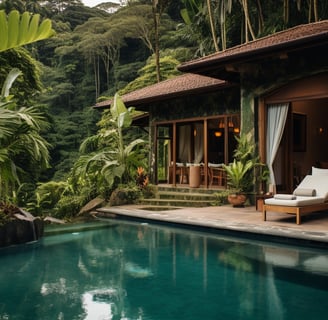 a pool with a lounge chair and a couch
