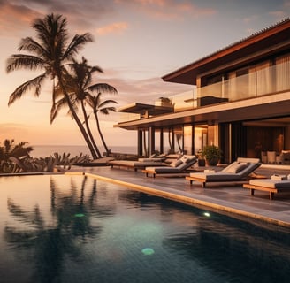 a large pool with lounge chairs and a view of the ocean