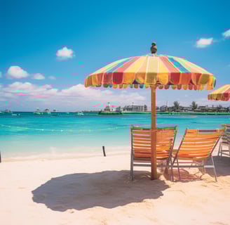 a beach with chairs and umbrellas on the sand