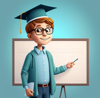 A cartoon professor where graduation cap pointing at whiteboard.