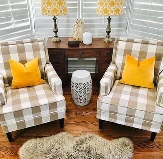 New Accent Chairs Plaid Fabric Old Desk Yellow Pillows
