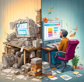 a man sitting at a desk with a computer monitor and a computer monitor