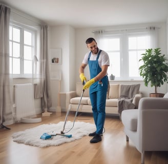 A robotic outdoor sweeper is positioned on a wooden deck surrounded by lush green trees. The machine is labeled with #ROBOCLEANING and appears to be designed for outdoor maintenance.