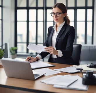 a woman in a suit and glasses is sitting at a desk