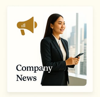 Company News card featuring a golden megaphone icon next to a professional Indonesian businesswoman 