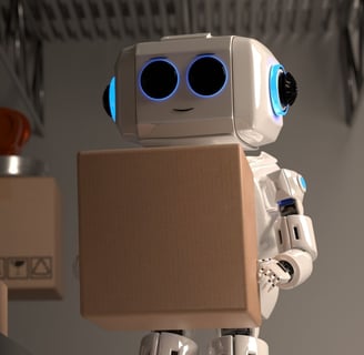 a robot that is holding a box and working at a factory