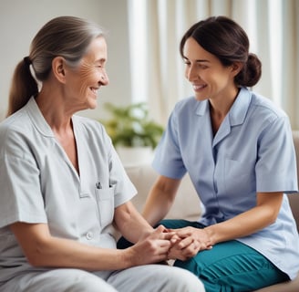 Picture of a lady being comforted by a carer by holding hands and communicating with one another