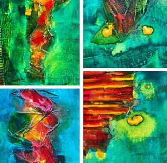 Détails du tableau abstrait vert jaune et rouge sur toile " Récolte de pommes au verger" de Xirkys artiste plasticienne