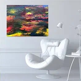 Tableau rouge jaune bleu de Xirkys dans un décor