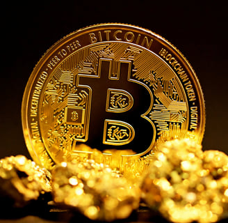 Moeda de Bitcoin dourada cercada por pepitas de ouro representando valor e escassez digital