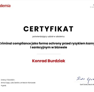 Certyfikat potwierdzający kompetencje adwokata zajmującego się sprawami karnymi w Szczecinie.