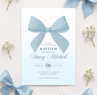 Blue baptism invitation for boy, Printable christening invitation, Editable baptism template,