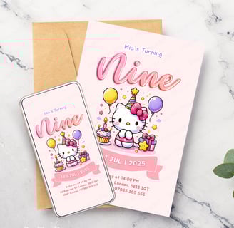 HELLO KITTY CARD INVITATION AND PHONE INVITE IN LIGHT PINK