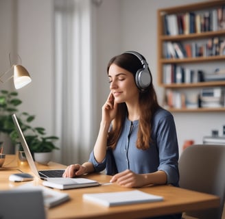 woman listening to binaural beats working at home