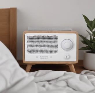 White noise machine on the bedside table