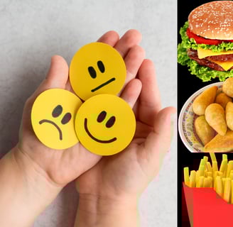 De um lado, uma mão segurando três carinhas amarelas que representam emoções, do outro lado, comidas ruins