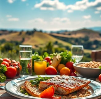 Mesa posta ao ar livre com ingredientes frescos como tomates, azeite de oliva, grãos e folhas verdes, com três pessoas sorrin