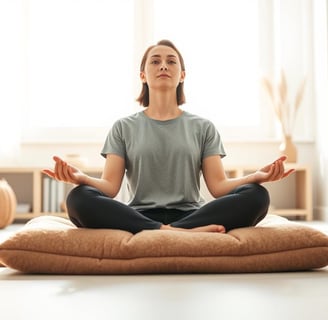 Mulher sentada de pernas cruzadas sobre uma almofada no chão. praticando meditação.