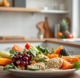 Prato colorido com frutas frescas como uvas, mamão, amora e vegetais crus, acompanhados de bolinhas de gergelim, servido em u