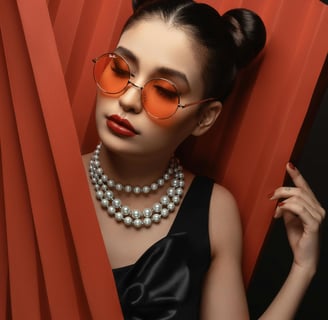 a woman wearing a pearl necklace and posing