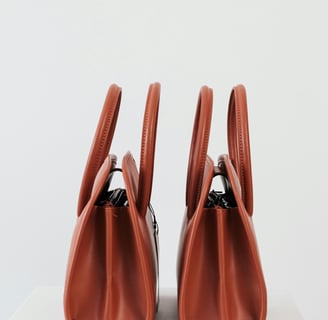 a pair of modern ladies bag on a white table