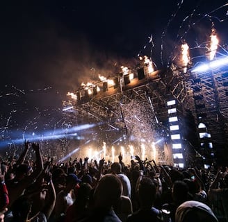 a crowd of people standing around a stage with fireworks