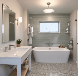 A person wearing a gray coat and blue gloves is cleaning a table in a room with a tiled floor and cream-colored walls. There are several posters on the wall and a light fixture above. To the left, there are stacked chairs and some tables.