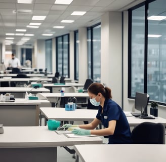 A worker is suspended on ropes, cleaning the windows of a large brick building. The person is equipped with cleaning gear, including a brush and a safety harness attached to a bucket of supplies. The window panes have visible streaks being cleaned, contrasted against the industrial background of brick and metal.