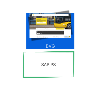 Screenshot der BVG-Website mit einem gelben Bus – Projektbeispiel SAP PS für die Berliner Verkehrsbetriebe.