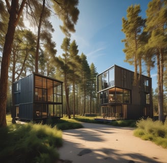 Render de 2 casas con contenedores, ecosustentables. Proyecto Moods Community en Valladolid, Yucatán