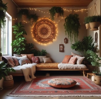 A garden scene with a rustic wooden fence adorned with potted plants. A statue of an elderly man holding a succulent is positioned near a bench surrounded by decorative objects and stones. Lush greenery and a quaint house with a tiled roof provide a serene, homey backdrop.