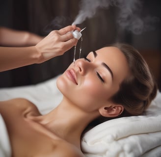 A person lies on a padded table with a gray top, having a beauty or acupuncture treatment. Another person in gloves is delicately performing the treatment, concentrating on the forehead area. The setting is calm, with a textured rug beneath the table and a soft pillow for comfort.