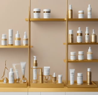 A collection of skincare products is displayed on a textured stone platform against a vibrant orange background. The items include two brown dropper bottles labeled 'Premium CBD Oil' and a white box labeled 'Acne Treatment CBD Cream.' Additional bottles and textured stones are arranged artistically around the platform.