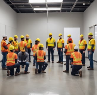 Four workers are engaged in an industrial setting, possibly an oil rig or construction site. They are wearing protective clothing and helmets, surrounded by heavy machinery and equipment. The environment suggests manual labor and teamwork.